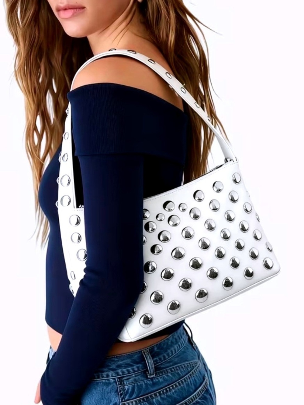 New -Sleek & Stylish White Faux Leather Shoulder Bag w/Stud Detail